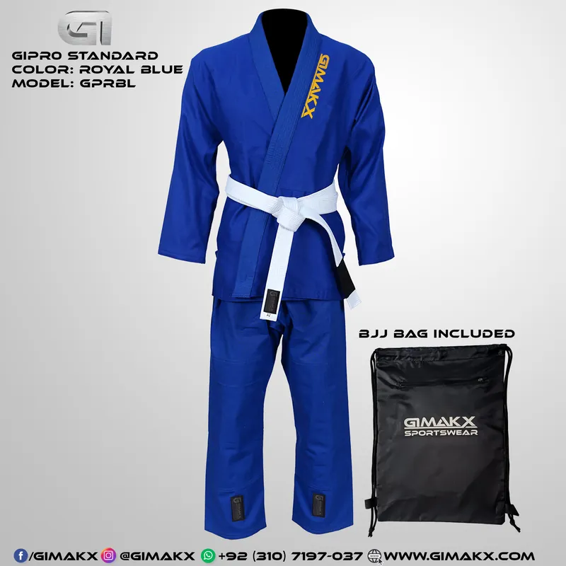 GiPro custom BJJ Gi in royal blue with the Gimakx wordmark printed in gold down the lapel, shown with a white belt and the included drawstring bag