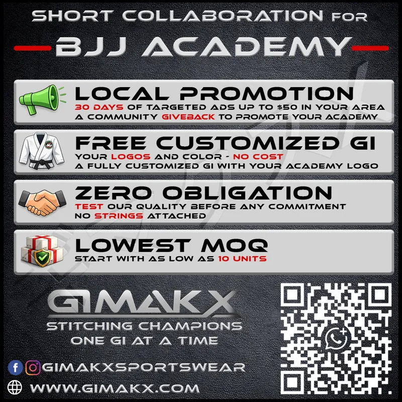 Gimakx BJJ Academy partnership flyer: 30 days of targeted local ads up to $50 as a community give-back, free customised Gi with your academy's logos and colours at no cost, zero obligation with no strings attached, and the lowest MOQ — start with as few as 10 units