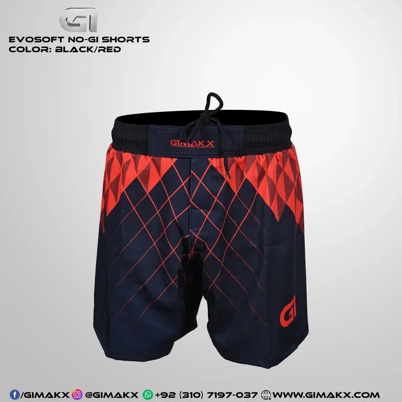 Evosoft No-Gi shorts in black and red, matched to the Evosoft rash guard — red diamond lattice across the hip, Gimakx waistband label and a red Gimakx monogram on the leg