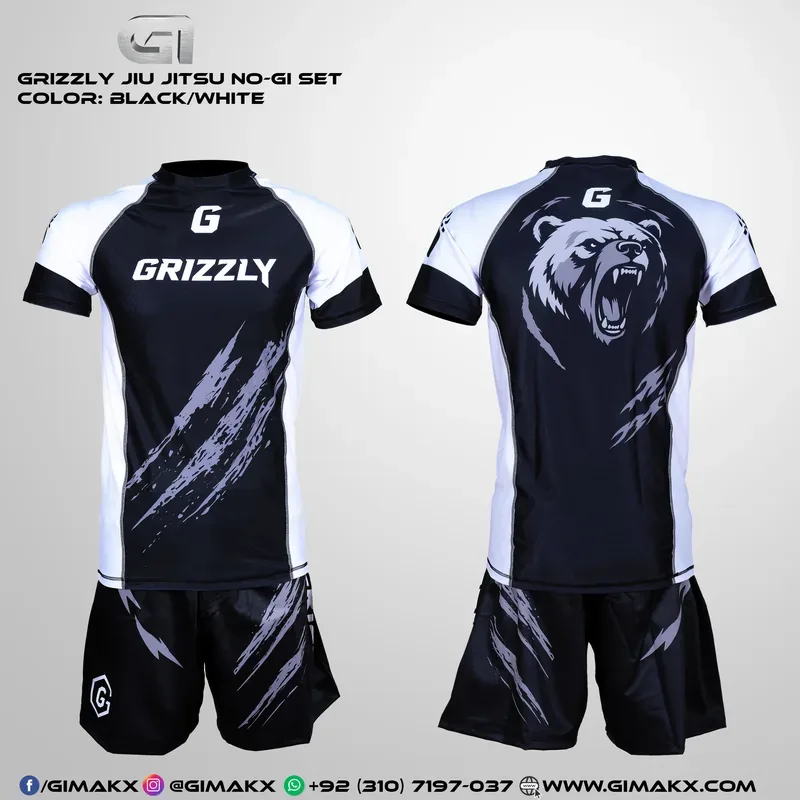 Grizzly Jiu Jitsu No-Gi set in black and white — short-sleeve rash guard and matching shorts, front view with the GRIZZLY wordmark and back view with a grizzly bear head printed across the shoulders