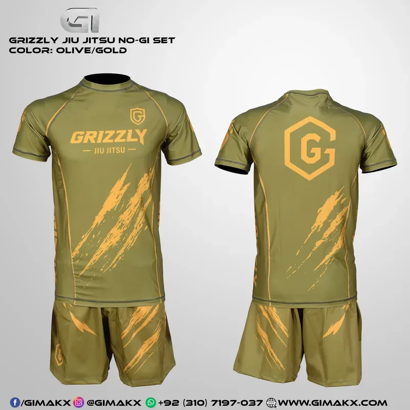 Grizzly Jiu Jitsu No-Gi set in olive and gold — short-sleeve rash guard and matching shorts with gold claw-mark artwork, front and back views