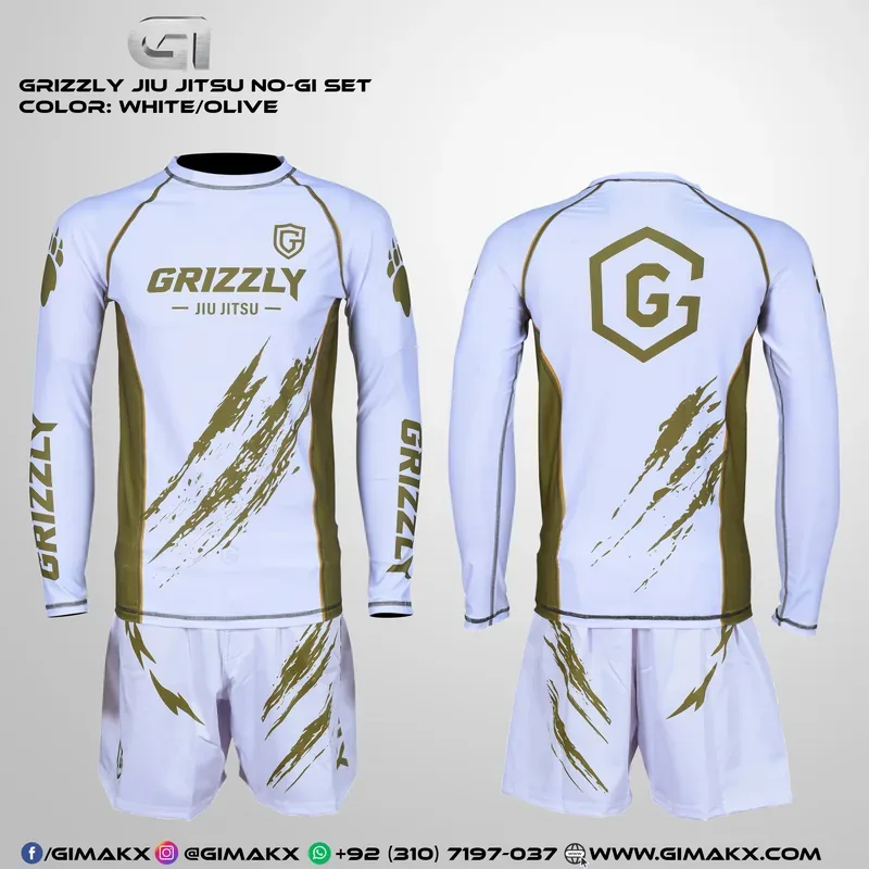Grizzly Jiu Jitsu No-Gi set in white and olive — long-sleeve rash guard and matching shorts, front view with the GRIZZLY JIU JITSU lockup and back view with the hexagonal G emblem